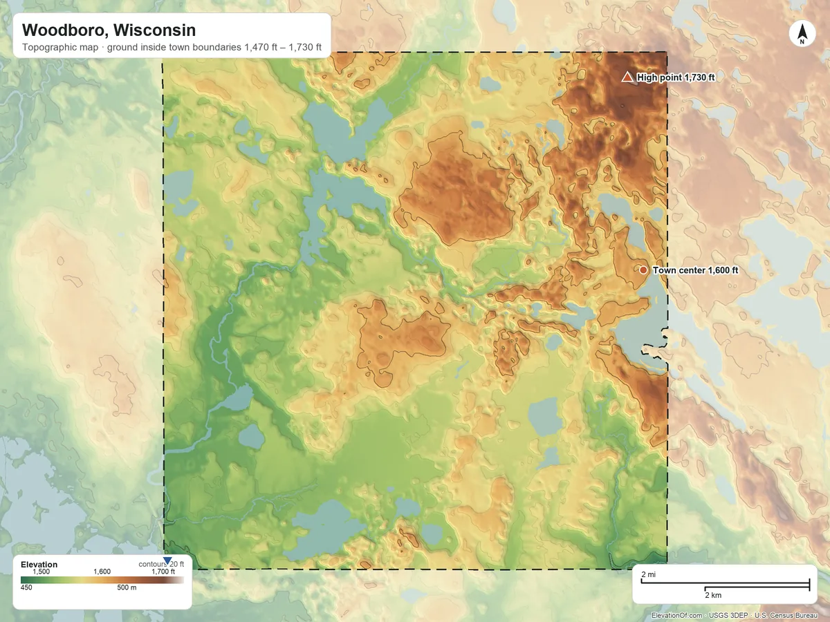 Topographic elevation map of Woodboro, Wisconsin, shaded from 1,470 ft on the southwest side to 1,730 ft on the north side