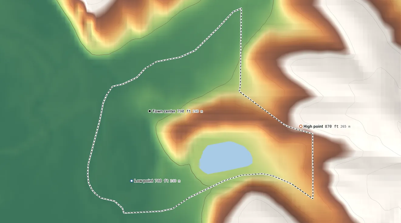 Topographic elevation map of Woodford, Wisconsin, shaded from 780 ft on the south side to 870 ft on the east side