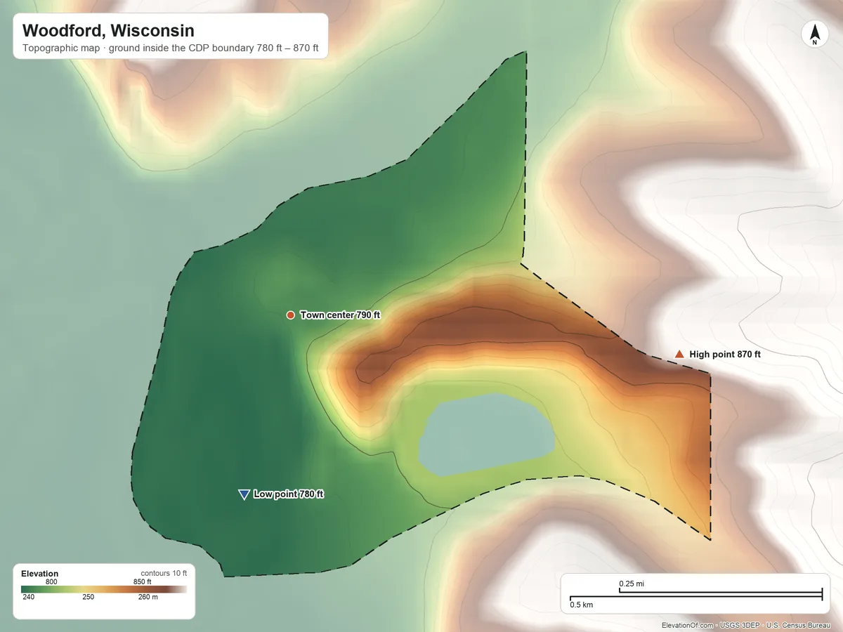 Topographic elevation map of Woodford, Wisconsin, shaded from 780 ft on the south side to 870 ft on the east side