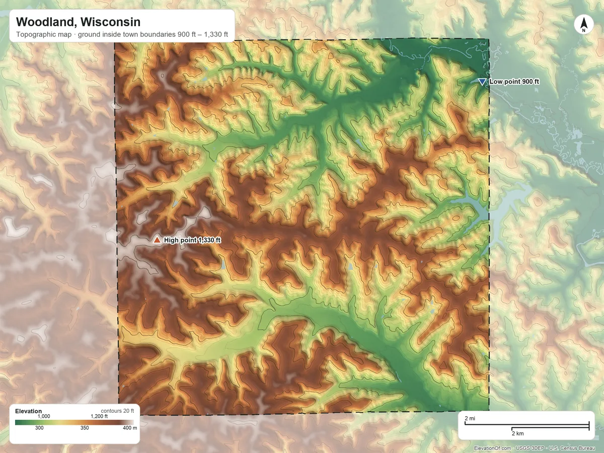 Topographic elevation map of Woodland, Wisconsin, shaded from 900 ft on the northeast side to 1,330 ft on the west side