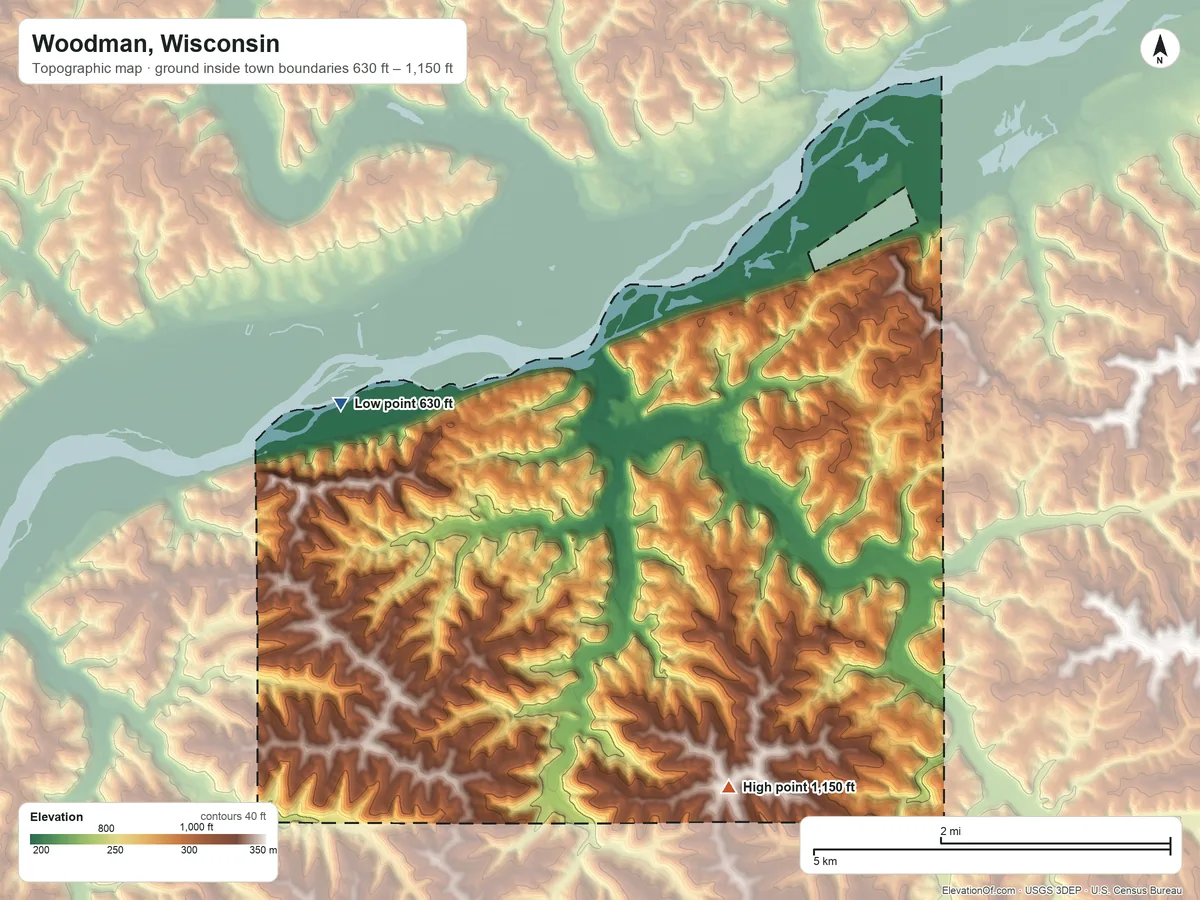 Topographic elevation map of Woodman, Wisconsin, shaded from 630 ft on the northwest side to 1,150 ft on the southeast side