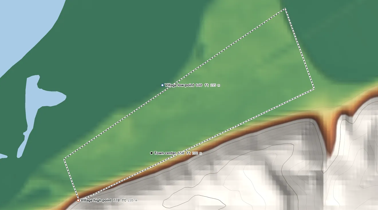 Topographic elevation map of Village of Woodman, Wisconsin, shaded from 640 ft on the north side to 770 ft on the southwest edge, below higher ground just outside