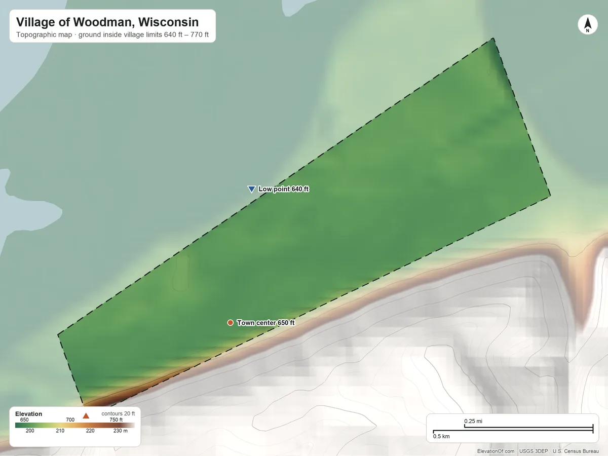 Topographic elevation map of Village of Woodman, Wisconsin, shaded from 640 ft on the north side to 770 ft on the southwest edge, below higher ground just outside