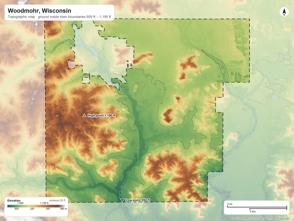 Topographic elevation map of Woodmohr, Wisconsin, shaded from 950 ft on the south side to 1,190 ft on the west side