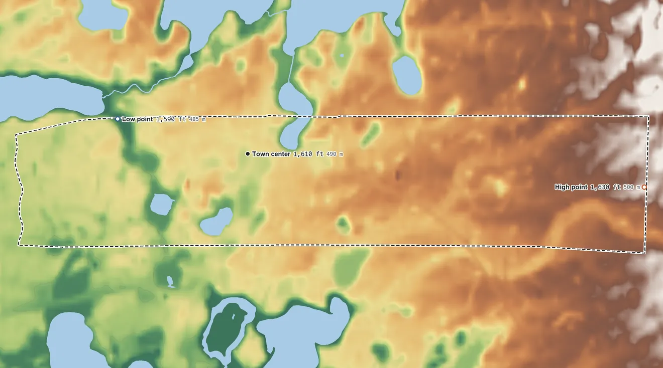 Topographic elevation map of Woodruff, Oneida County, Wisconsin, shaded from 1,590 ft on the west side to 1,630 ft on the east side