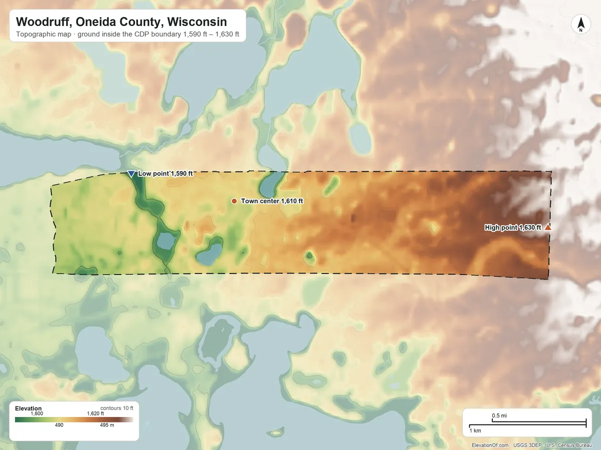 Topographic elevation map of Woodruff, Oneida County, Wisconsin, shaded from 1,590 ft on the west side to 1,630 ft on the east side