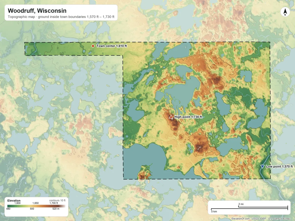 Topographic elevation map of Woodruff, Wisconsin, shaded from 1,570 ft on the southeast side to 1,730 ft on the southeast side