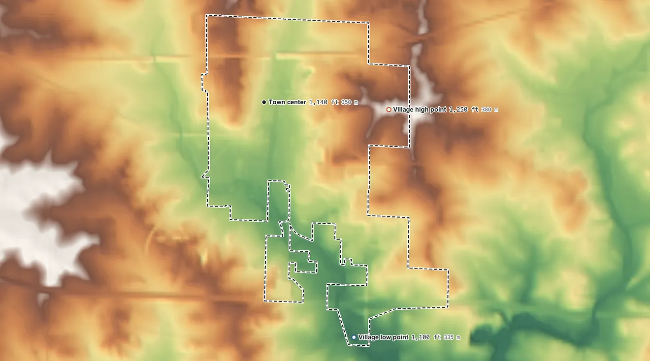 Topographic elevation map of Woodville, Wisconsin, shaded from 1,100 ft on the south side to 1,250 ft on the east side