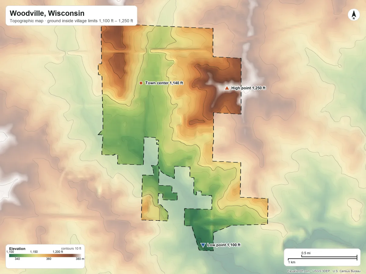 Topographic elevation map of Woodville, Wisconsin, shaded from 1,100 ft on the south side to 1,250 ft on the east side