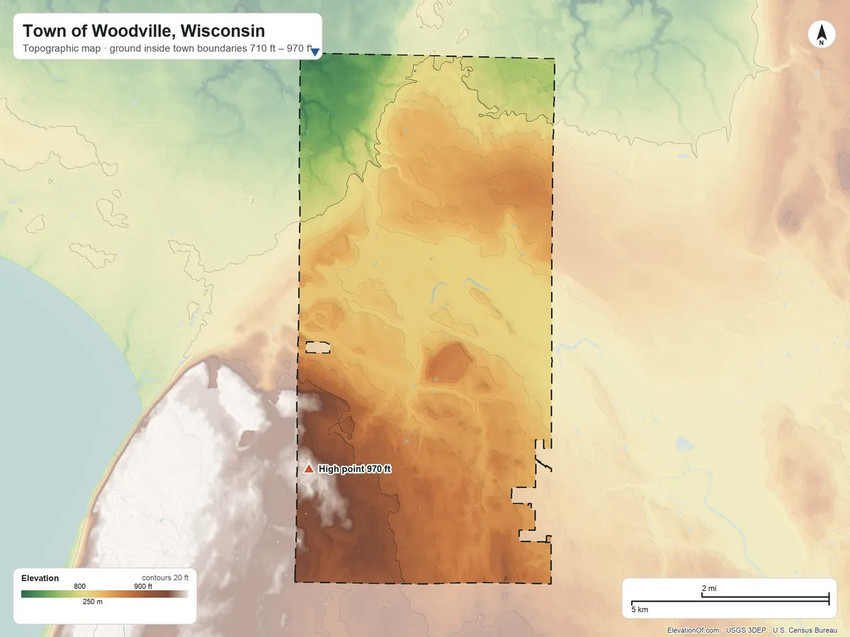 Topographic elevation map of Town of Woodville, Wisconsin, shaded from 710 ft on the north side to 970 ft on the southwest side