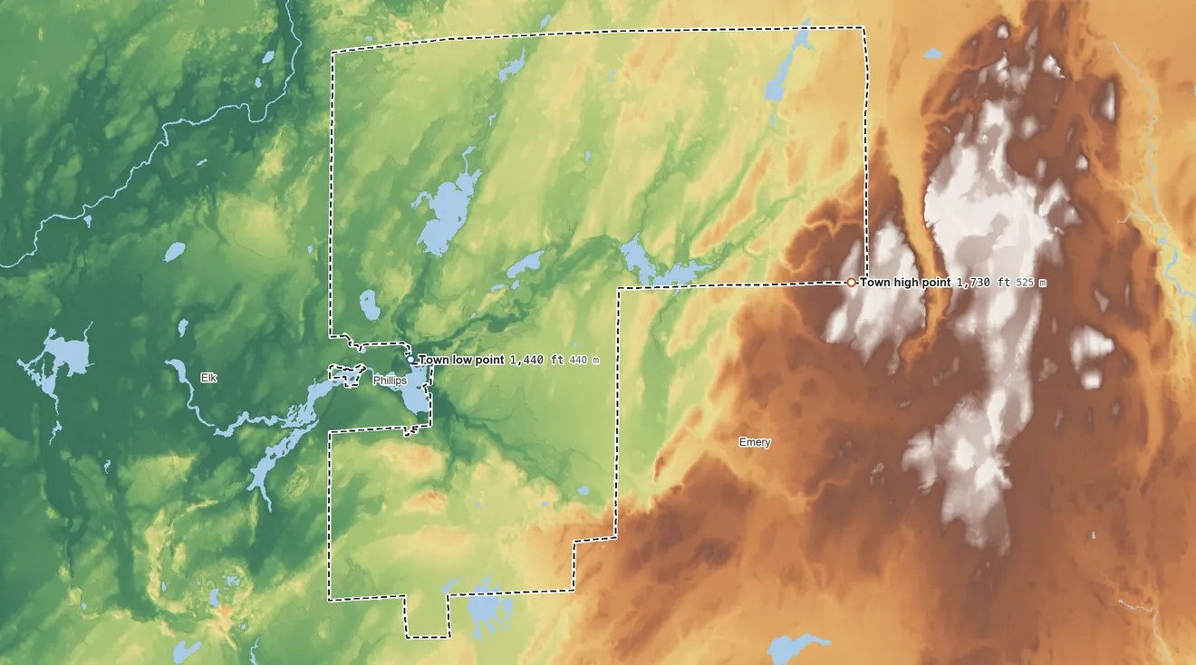 Topographic elevation map of Worcester, Wisconsin, shaded from 1,440 ft near the middle to 1,730 ft on the east side
