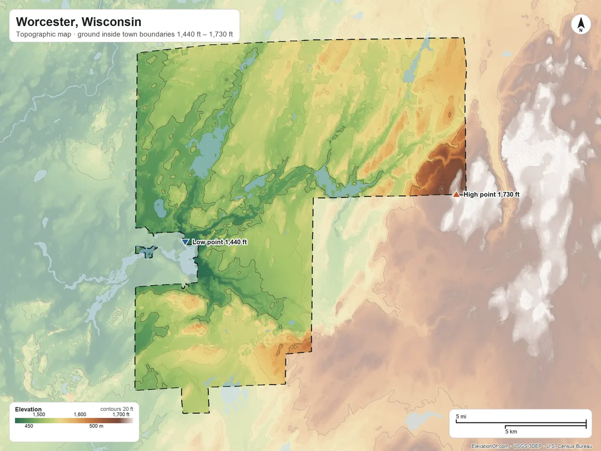 Topographic elevation map of Worcester, Wisconsin, shaded from 1,440 ft near the middle to 1,730 ft on the east side