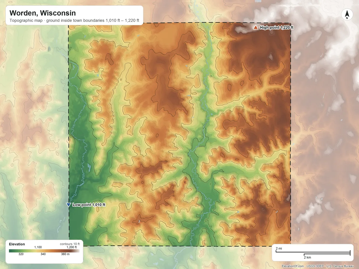 Topographic elevation map of Worden, Wisconsin, shaded from 1,010 ft on the southwest side to 1,220 ft on the northeast side