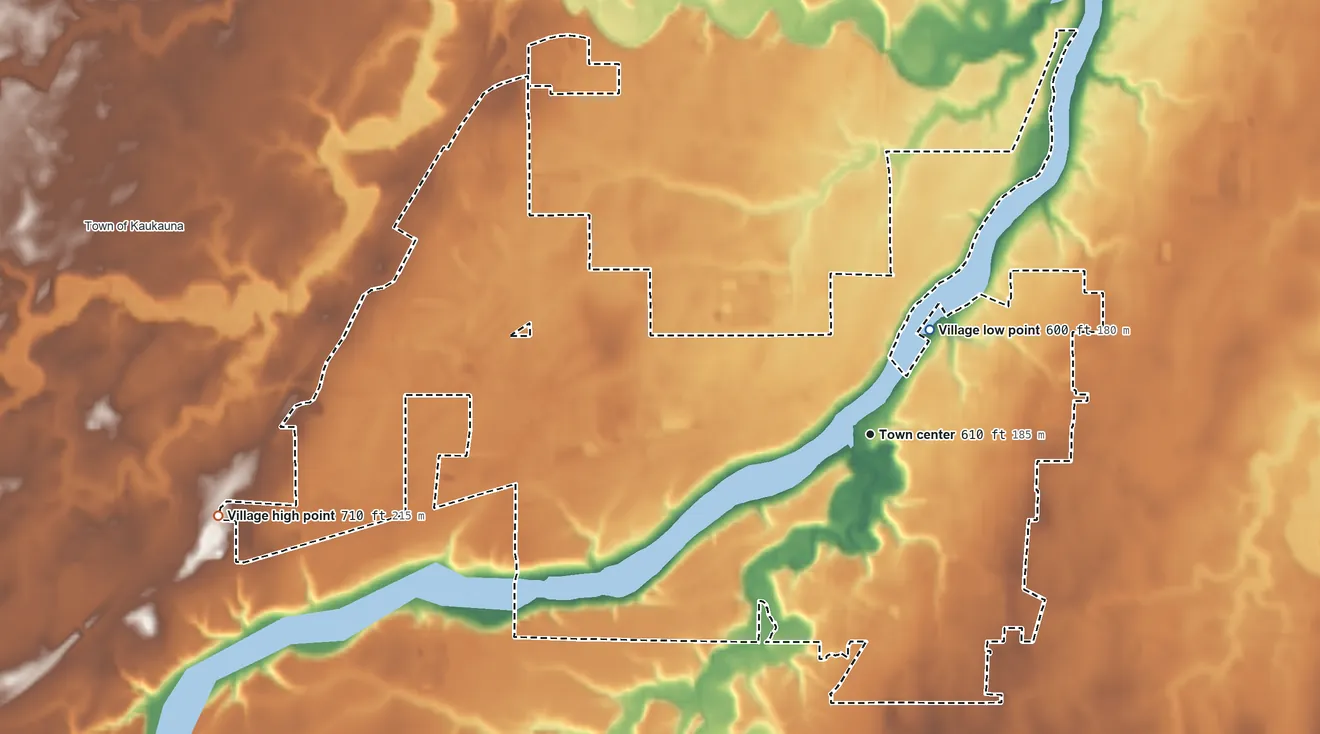 Topographic elevation map of Wrightstown, Wisconsin, shaded from 600 ft on the northeast side to 710 ft on the west side