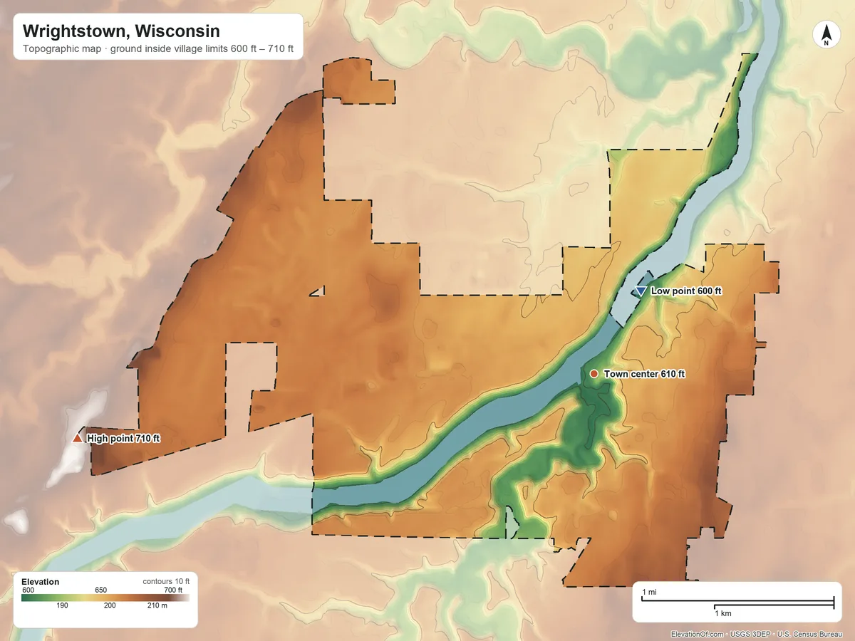 Topographic elevation map of Wrightstown, Wisconsin, shaded from 600 ft on the northeast side to 710 ft on the west side