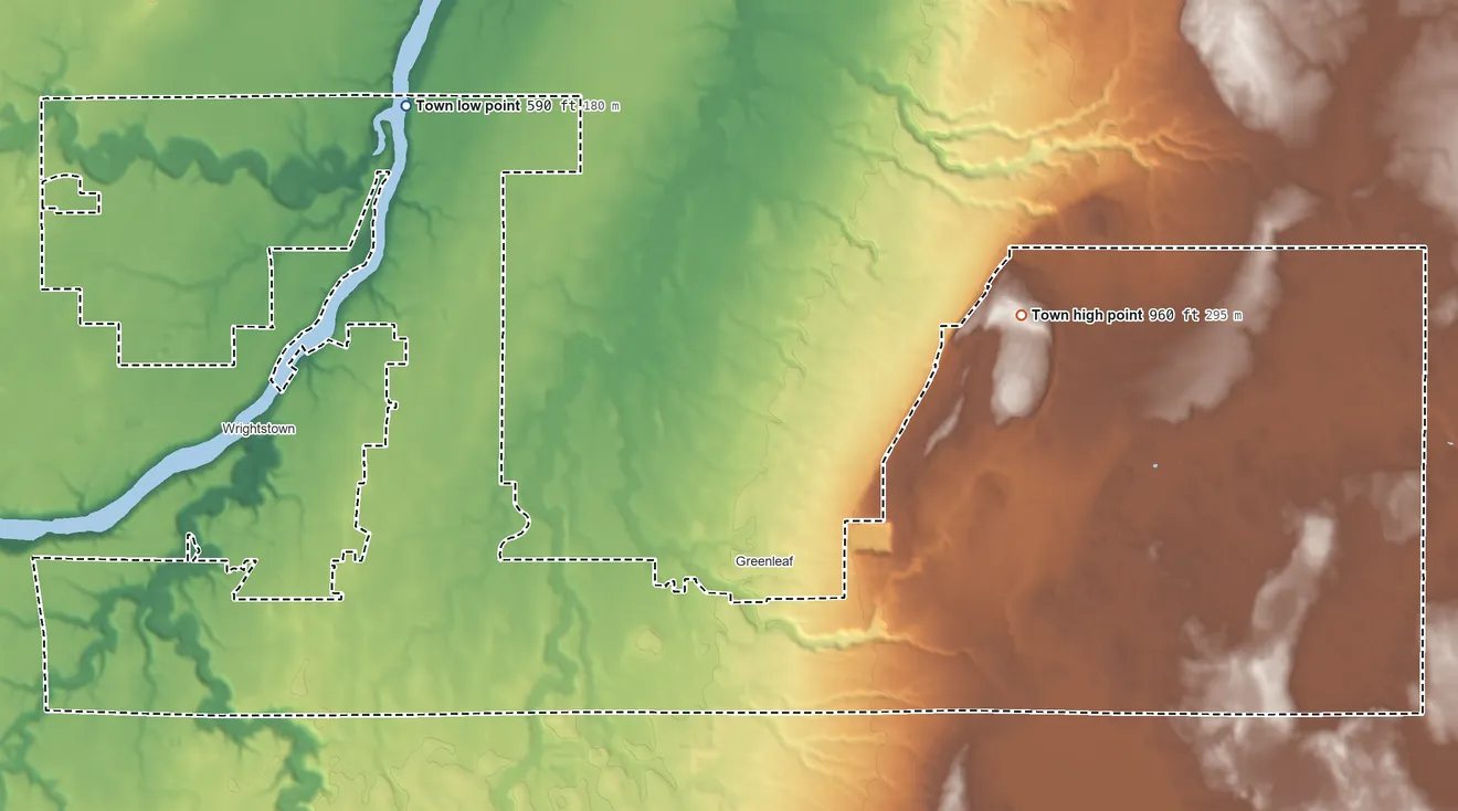Topographic elevation map of Town of Wrightstown, Wisconsin, shaded from 590 ft on the northwest side to 960 ft on the northeast side
