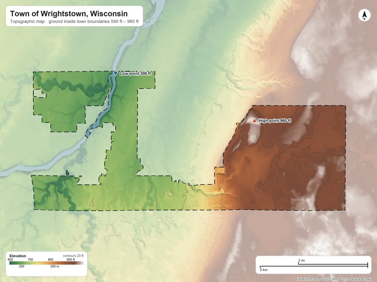 Topographic elevation map of Town of Wrightstown, Wisconsin, shaded from 590 ft on the northwest side to 960 ft on the northeast side