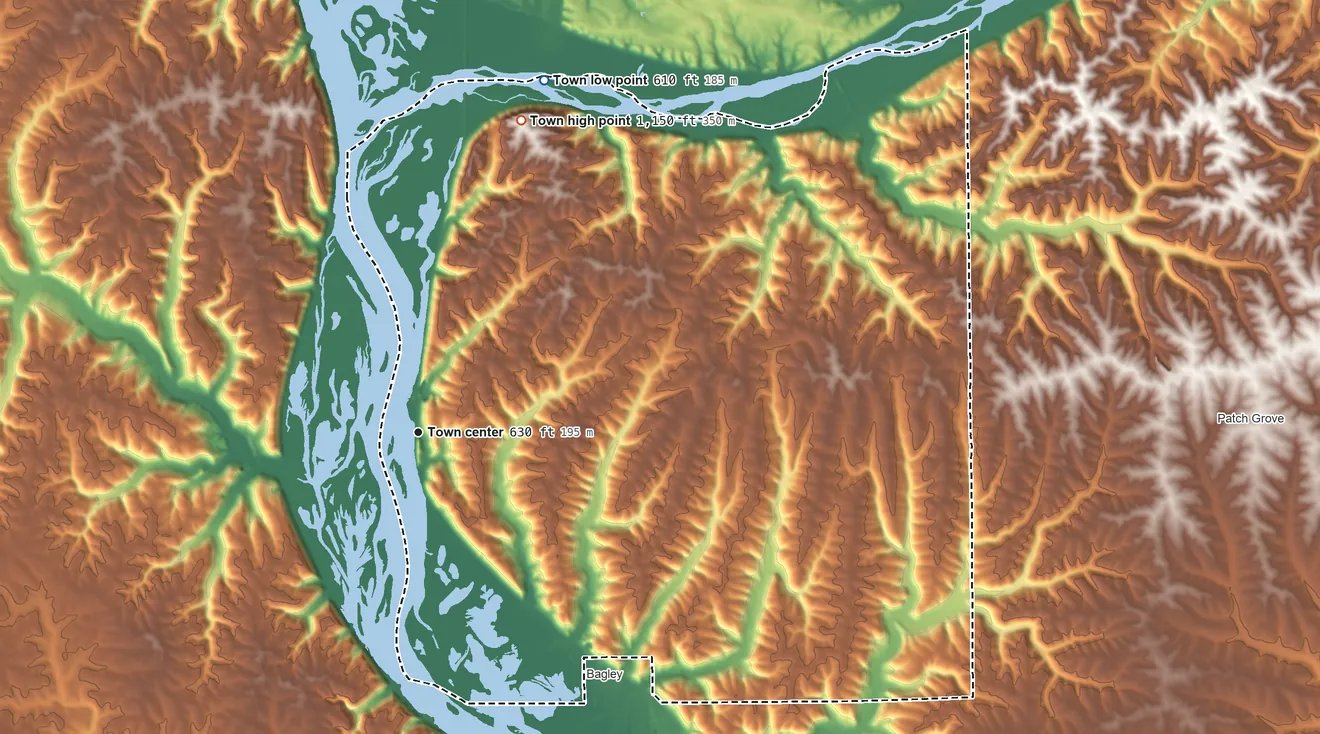 Topographic elevation map of Wyalusing, Wisconsin, shaded from 610 ft on the north side to 1,150 ft on the north side