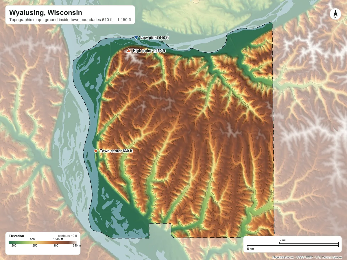 Topographic elevation map of Wyalusing, Wisconsin, shaded from 610 ft on the north side to 1,150 ft on the north side