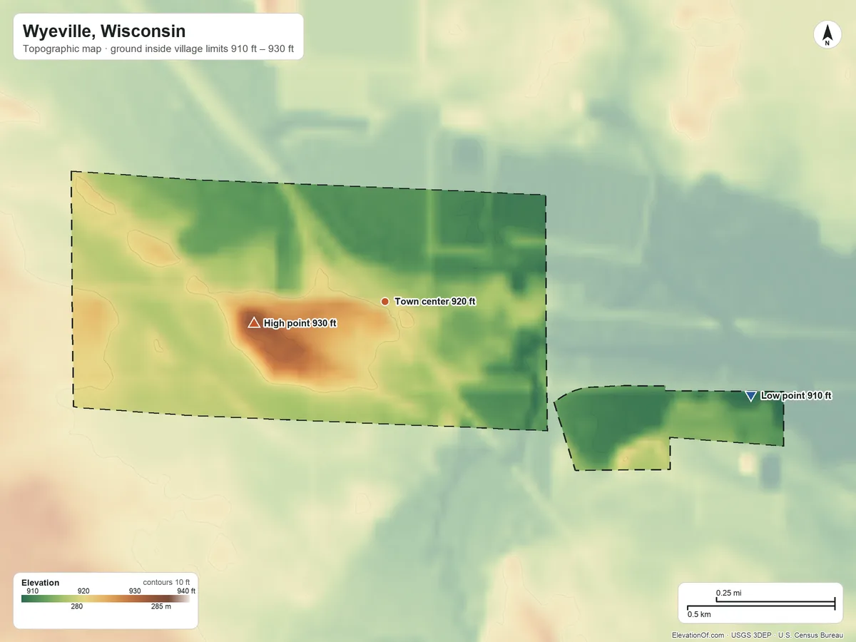Topographic elevation map of Wyeville, Wisconsin, shaded from 910 ft on the east side to 930 ft on the west side