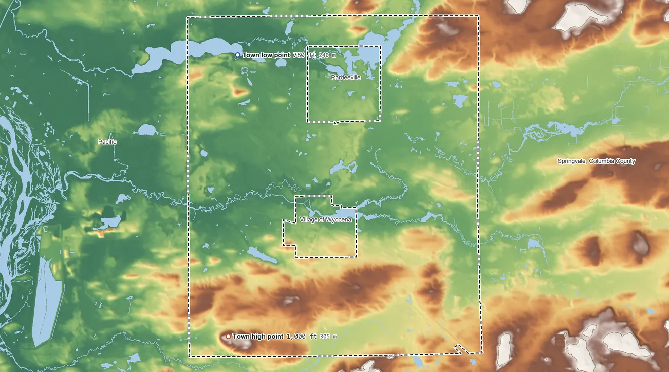 Topographic elevation map of Wyocena, Wisconsin, shaded from 780 ft on the northwest side to 1,000 ft on the southwest side