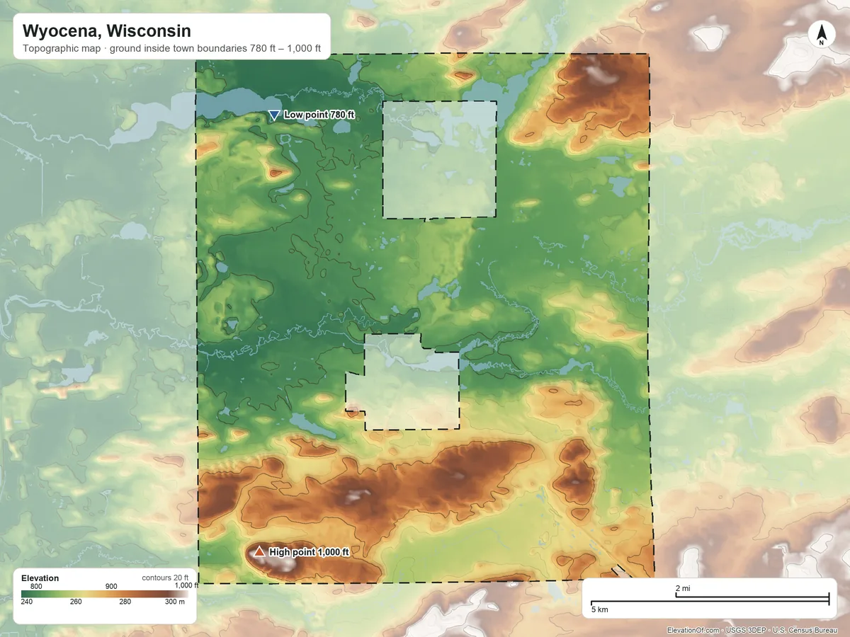 Topographic elevation map of Wyocena, Wisconsin, shaded from 780 ft on the northwest side to 1,000 ft on the southwest side