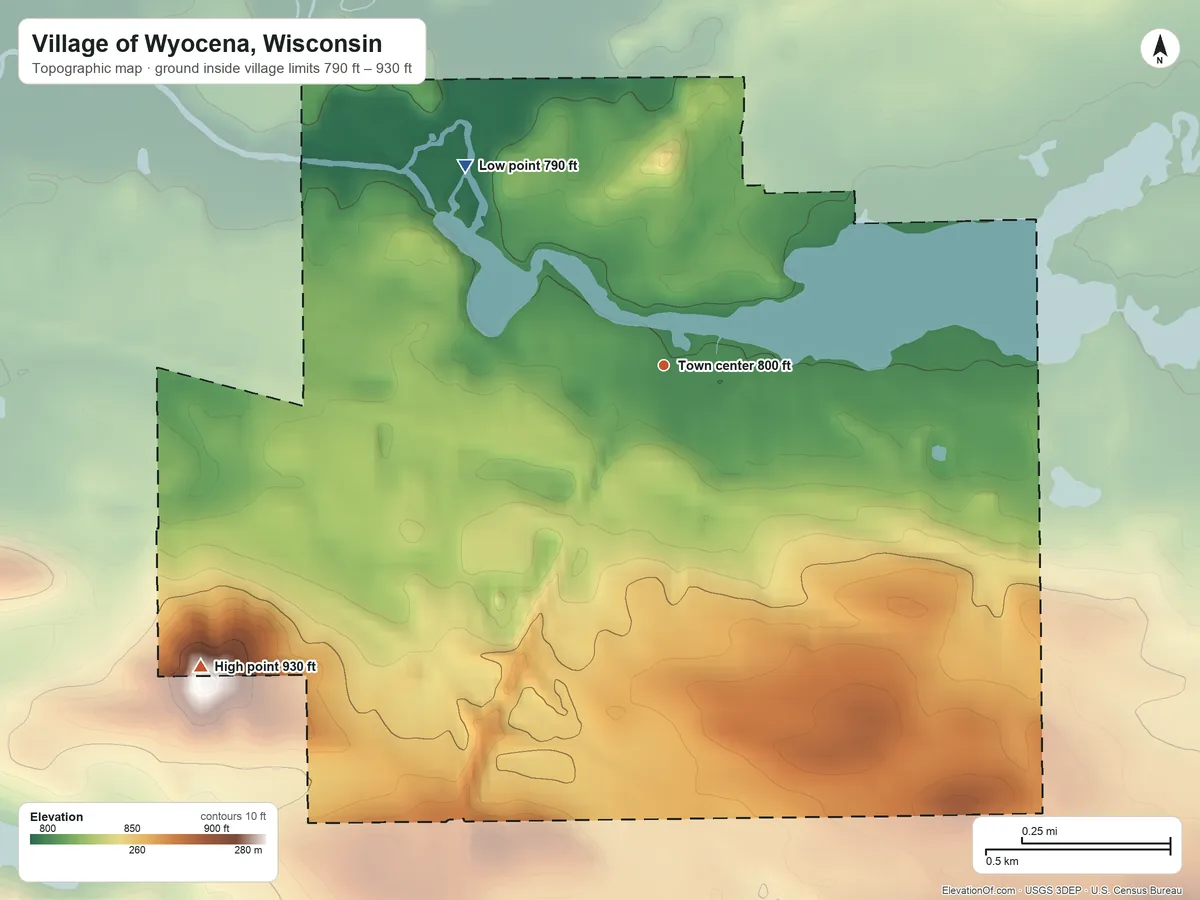 Topographic elevation map of Village of Wyocena, Wisconsin, shaded from 790 ft on the northwest side to 930 ft on the southwest side
