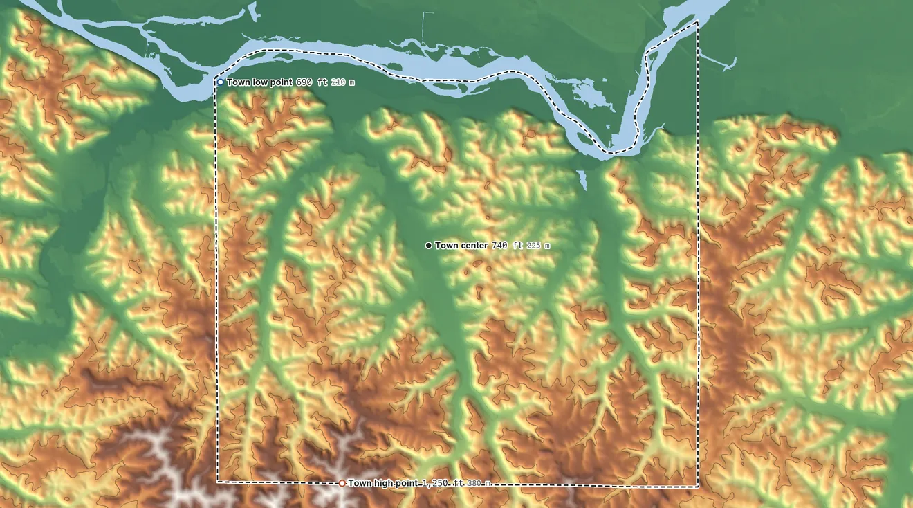 Topographic elevation map of Wyoming, Wisconsin, shaded from 690 ft on the northwest side to 1,250 ft on the south side