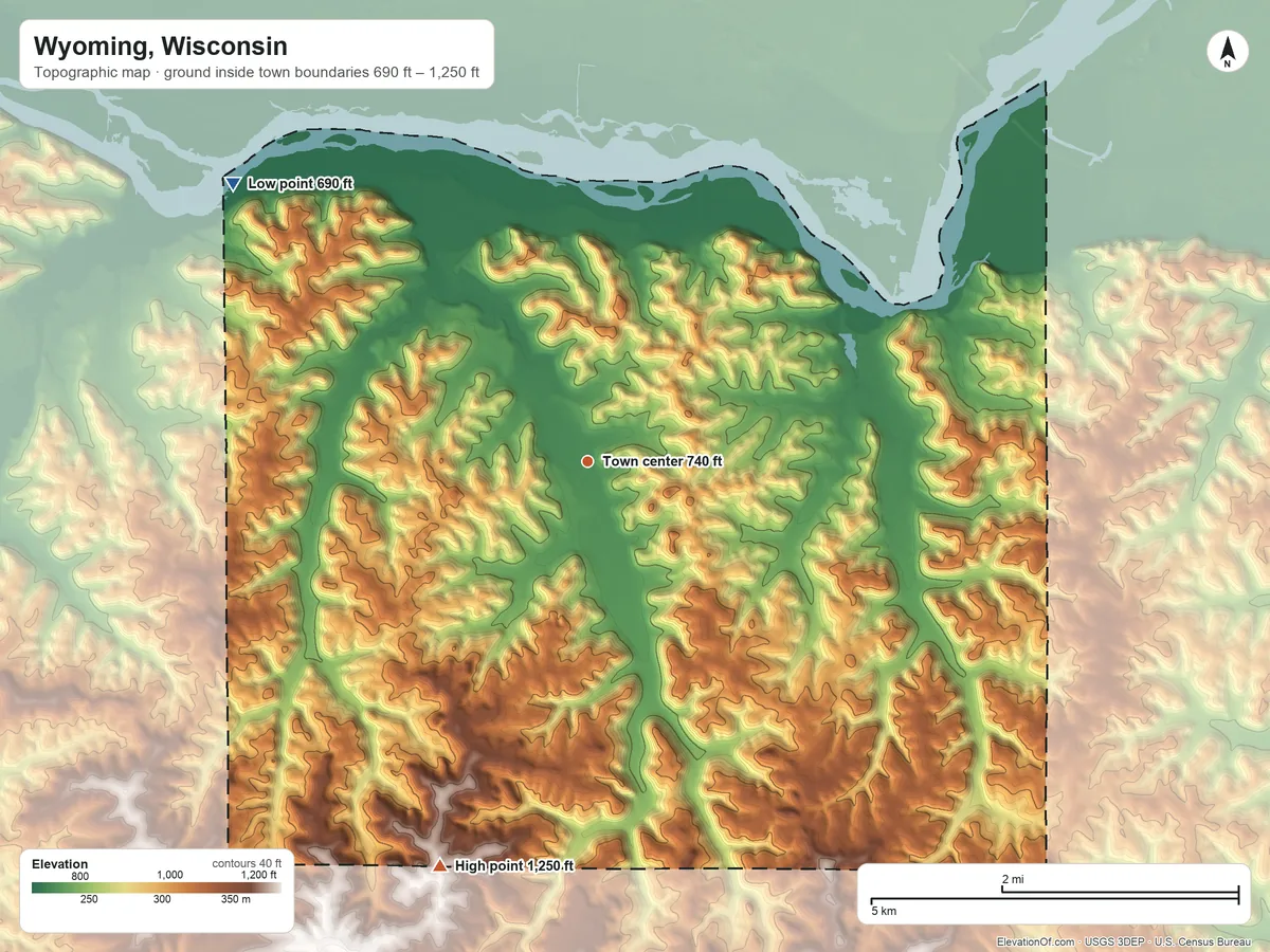 Topographic elevation map of Wyoming, Wisconsin, shaded from 690 ft on the northwest side to 1,250 ft on the south side
