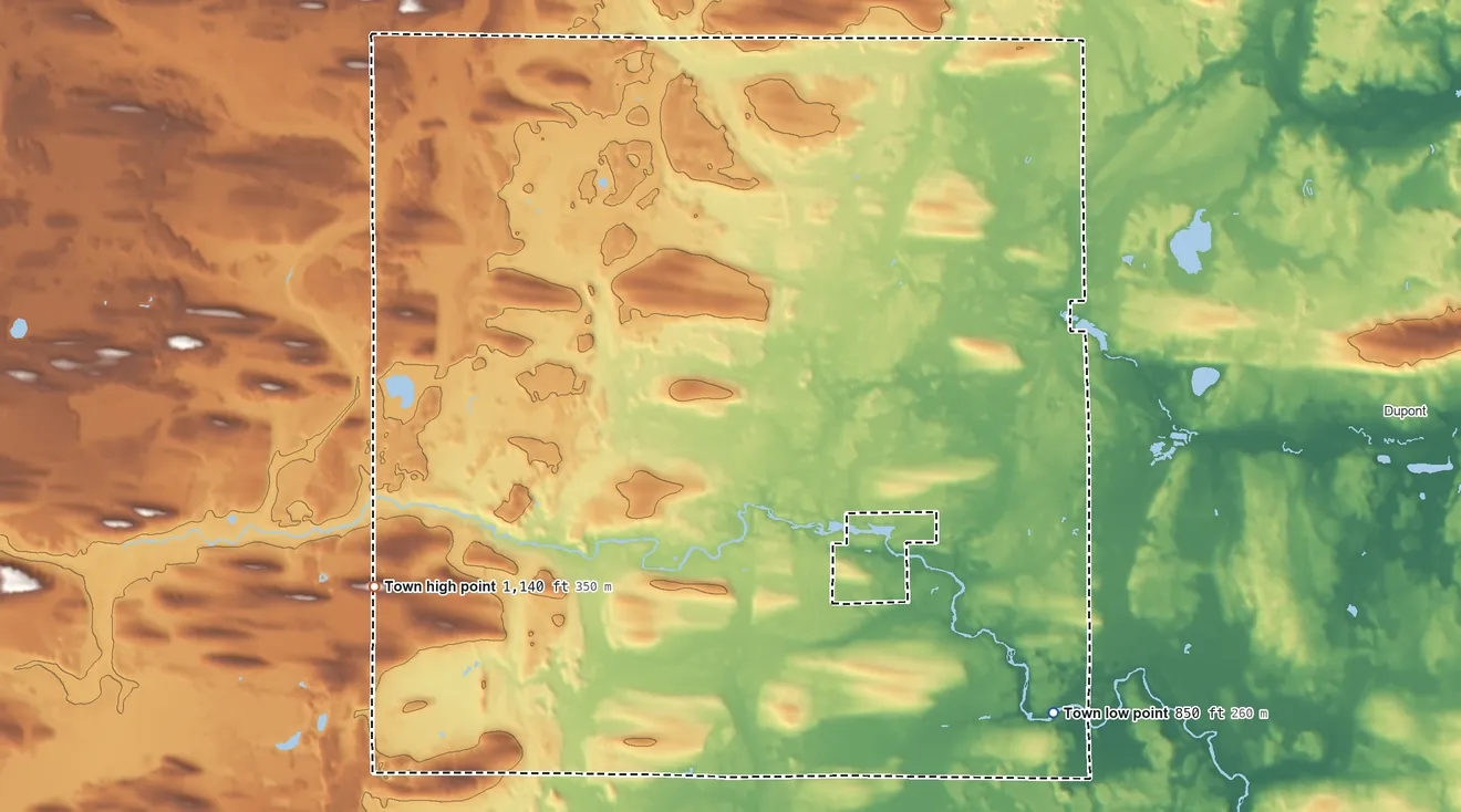 Topographic elevation map of Wyoming, Waupaca County, Wisconsin, shaded from 850 ft on the southeast side to 1,140 ft on the west side
