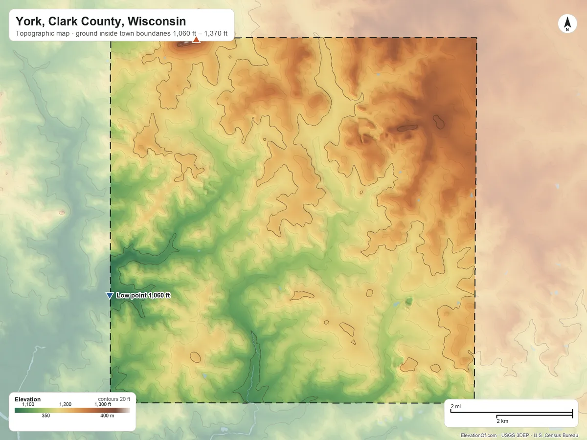Topographic elevation map of York, Clark County, Wisconsin, shaded from 1,060 ft on the southwest side to 1,370 ft on the northwest side