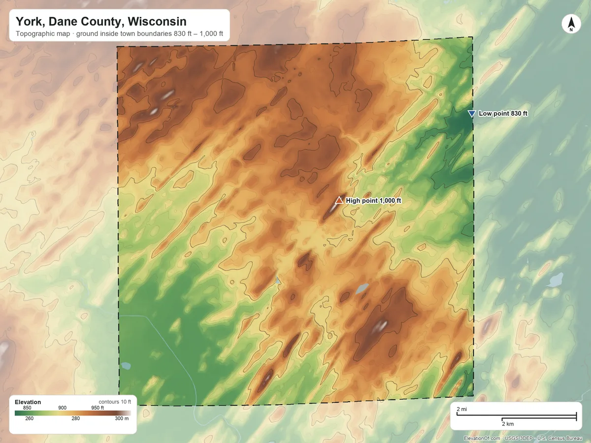 Topographic elevation map of York, Dane County, Wisconsin, shaded from 830 ft on the northeast side to 1,000 ft near the middle
