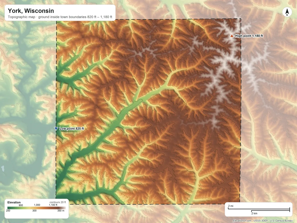 Topographic elevation map of York, Wisconsin, shaded from 820 ft on the west side to 1,180 ft on the northeast side