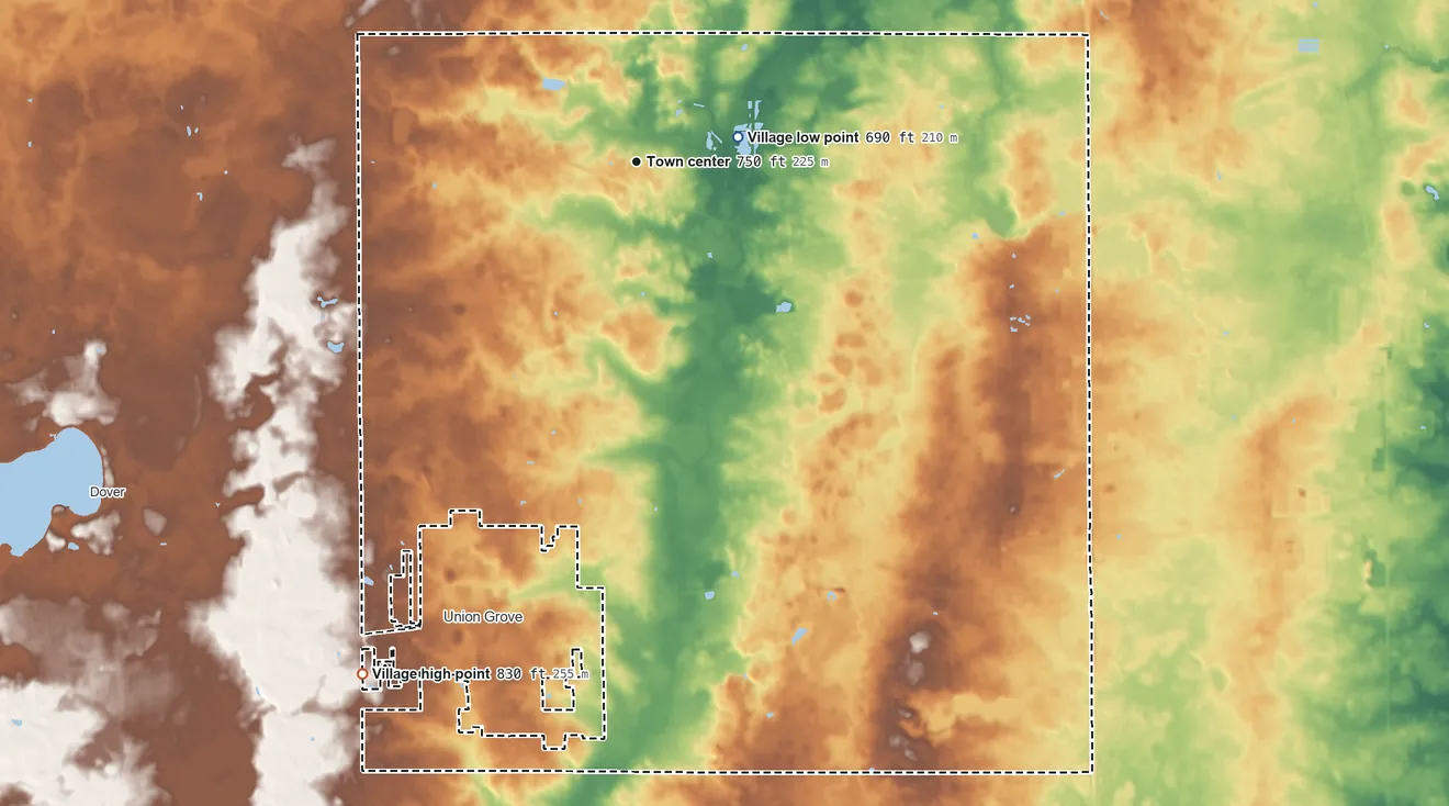 Topographic elevation map of Yorkville, Wisconsin, shaded from 690 ft near the middle to 830 ft on the southwest side