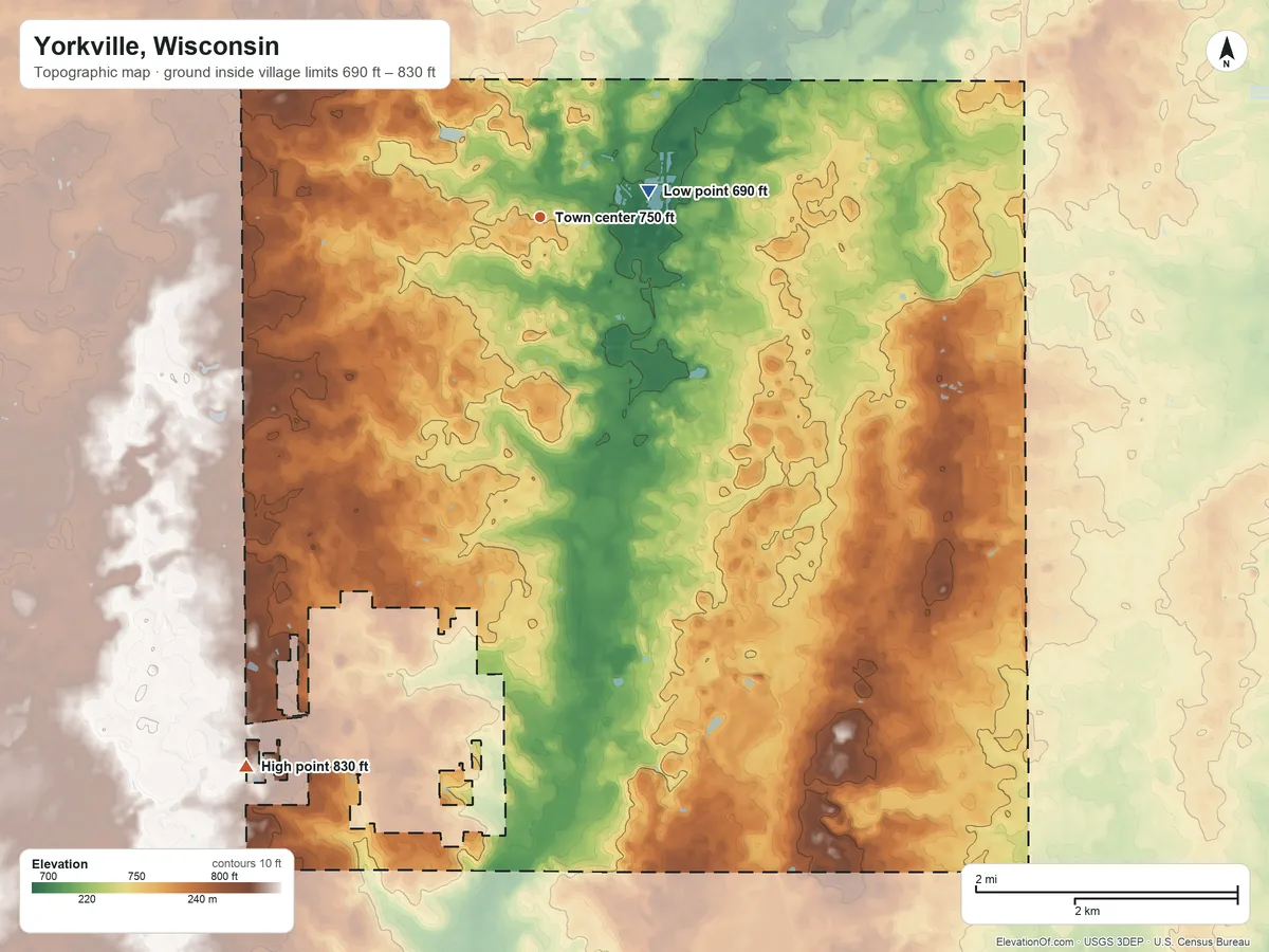 Topographic elevation map of Yorkville, Wisconsin, shaded from 690 ft near the middle to 830 ft on the southwest side