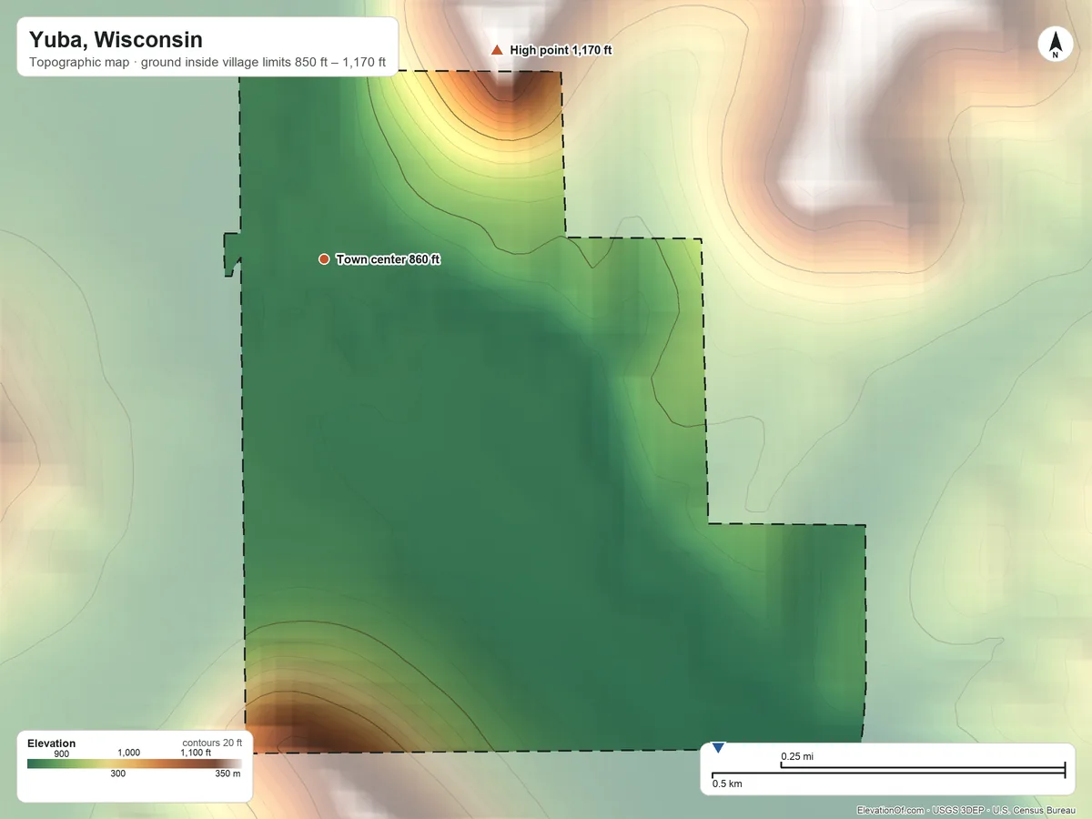 Topographic elevation map of Yuba, Wisconsin, shaded from 850 ft on the southeast side to 1,170 ft on the northeast side