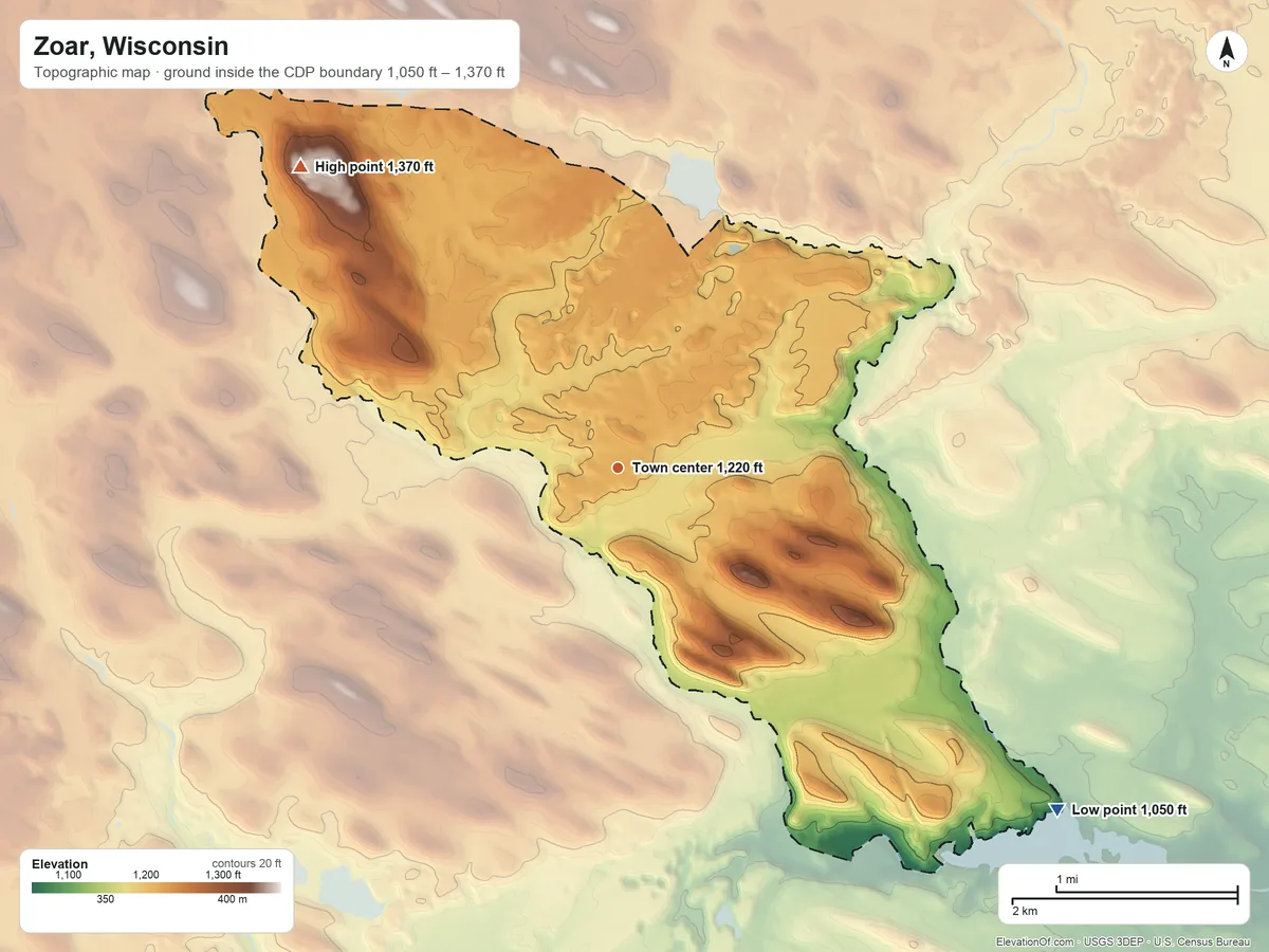 Topographic elevation map of Zoar, Wisconsin, shaded from 1,050 ft on the southeast side to 1,370 ft on the northwest side
