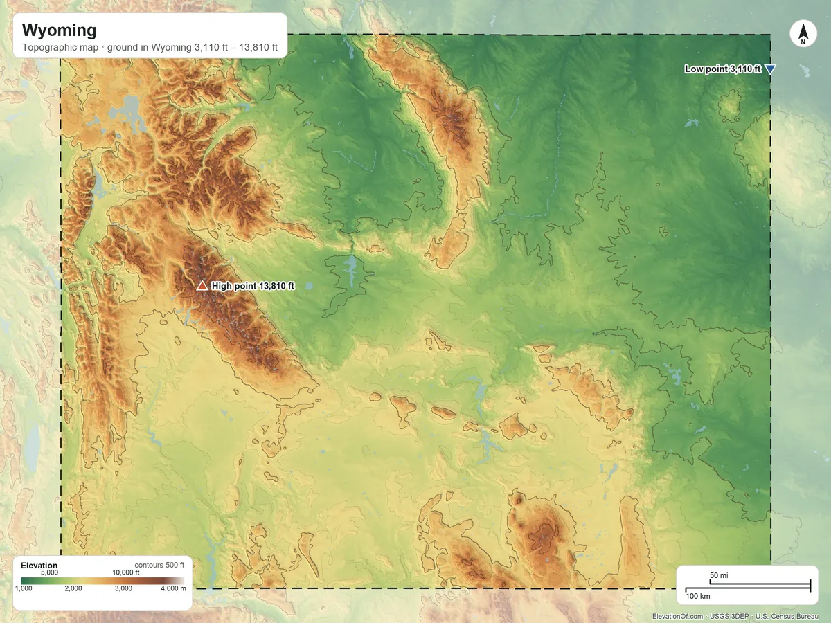 Topographic elevation map of Wyoming, shaded from 3,110 ft on the northeast side to 13,810 ft on Gannett Peak