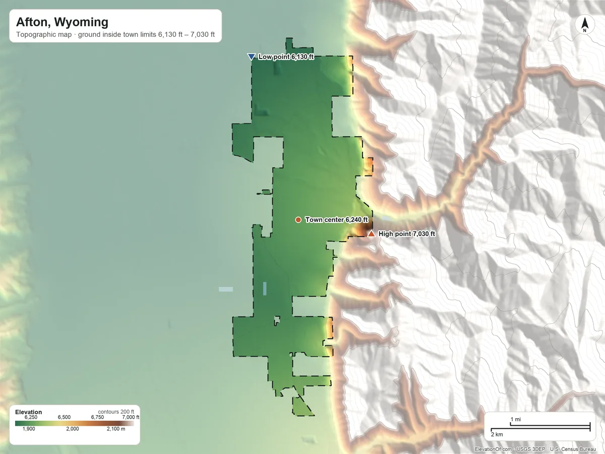 Topographic elevation map of Afton, Wyoming, shaded from 6,130 ft on the north side to 7,030 ft at the foot of the Salt River Range