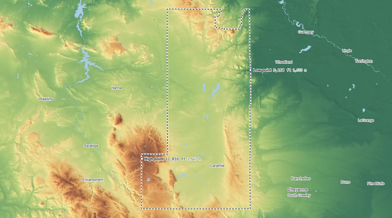 Topographic elevation map of Albany County, Wyoming, shaded from 5,160 ft on the northeast side to 12,016 ft on Medicine Bow Peak