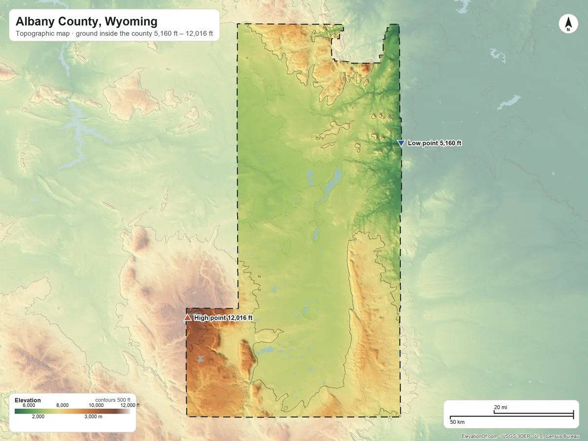 Topographic elevation map of Albany County, Wyoming, shaded from 5,160 ft on the northeast side to 12,016 ft on Medicine Bow Peak