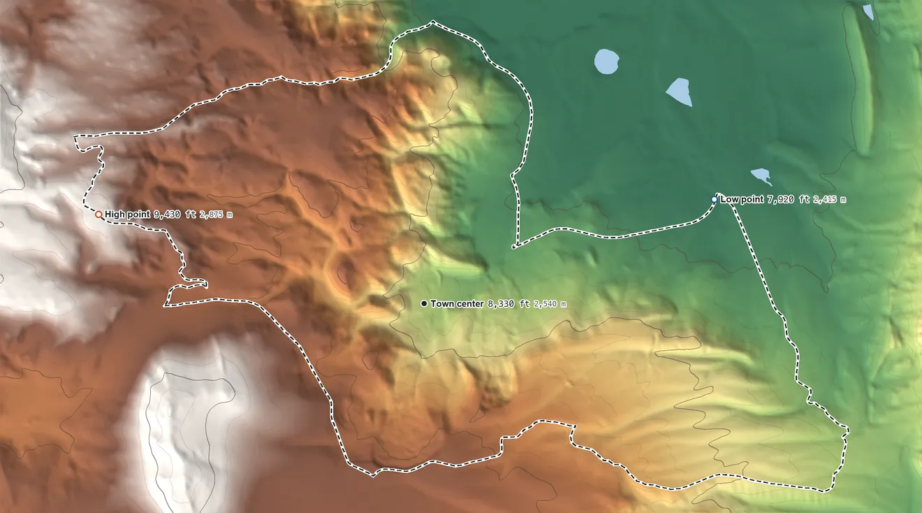 Topographic elevation map of Albany, Wyoming, shaded from 7,920 ft on the east side to 9,430 ft at the foot of the Snowy Range