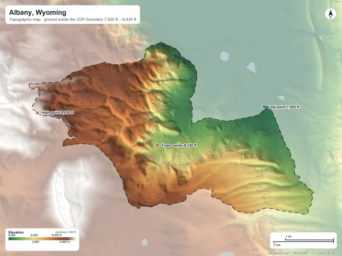 Topographic elevation map of Albany, Wyoming, shaded from 7,920 ft on the east side to 9,430 ft at the foot of the Snowy Range