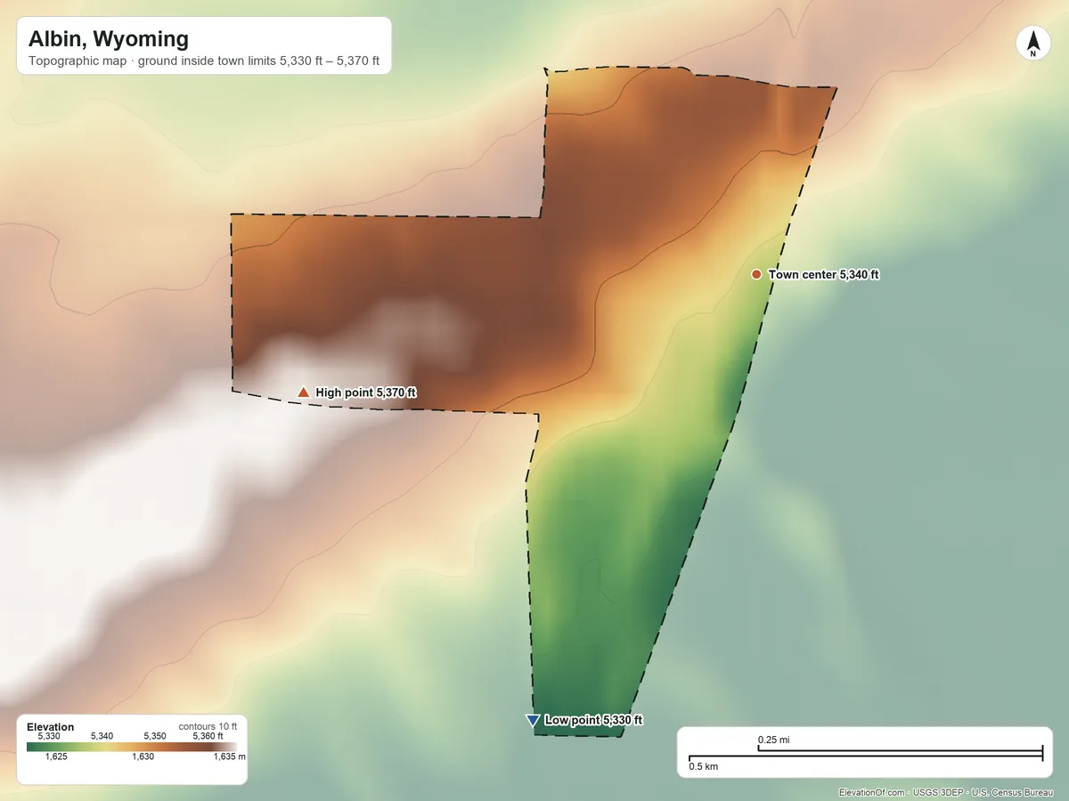 Topographic elevation map of Albin, Wyoming, shaded from 5,330 ft on the southwest side to 5,370 ft on the west side