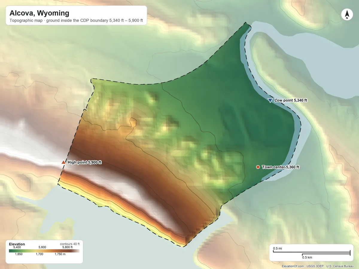 Topographic elevation map of Alcova, Wyoming, shaded from 5,340 ft on the north side to 5,900 ft on the west side