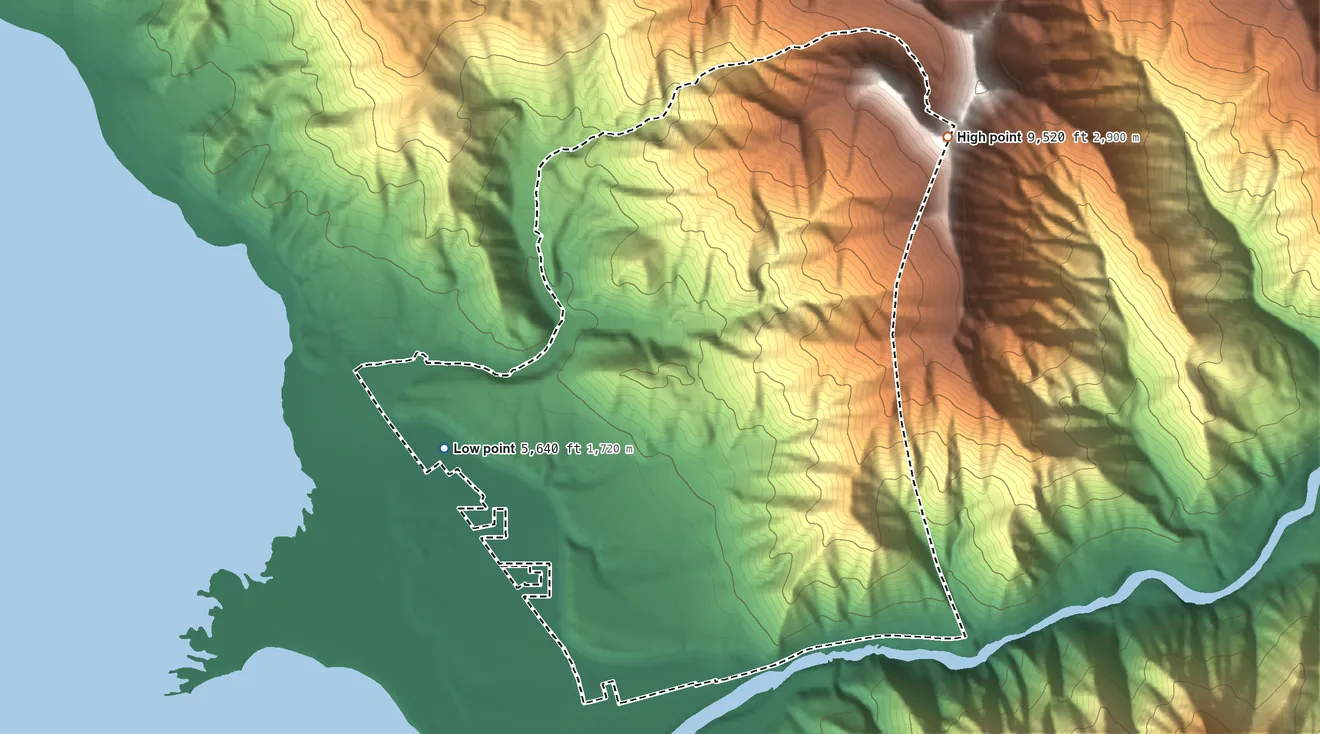 Topographic elevation map of Alpine Northeast, Wyoming, shaded from 5,640 ft on the northwest side to 9,520 ft on the northeast side