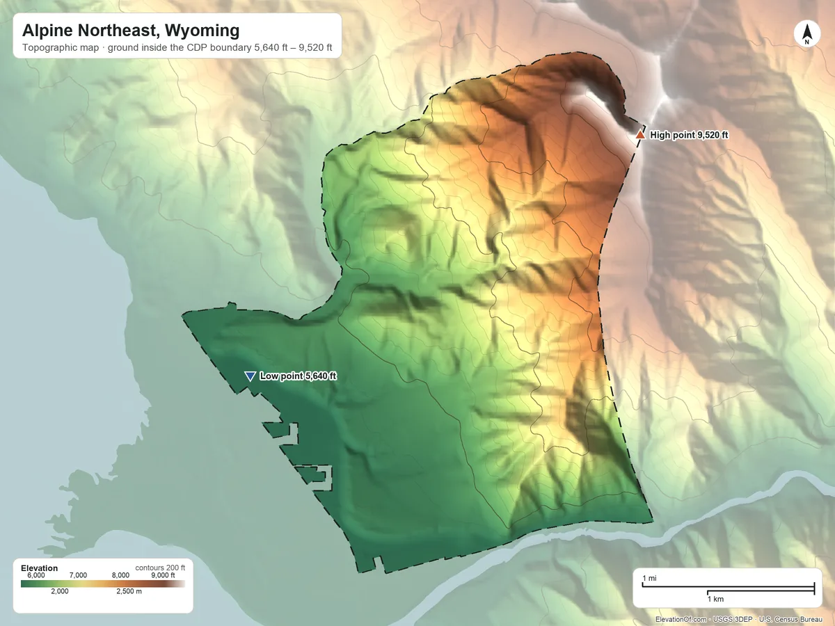 Topographic elevation map of Alpine Northeast, Wyoming, shaded from 5,640 ft on the northwest side to 9,520 ft on the northeast side