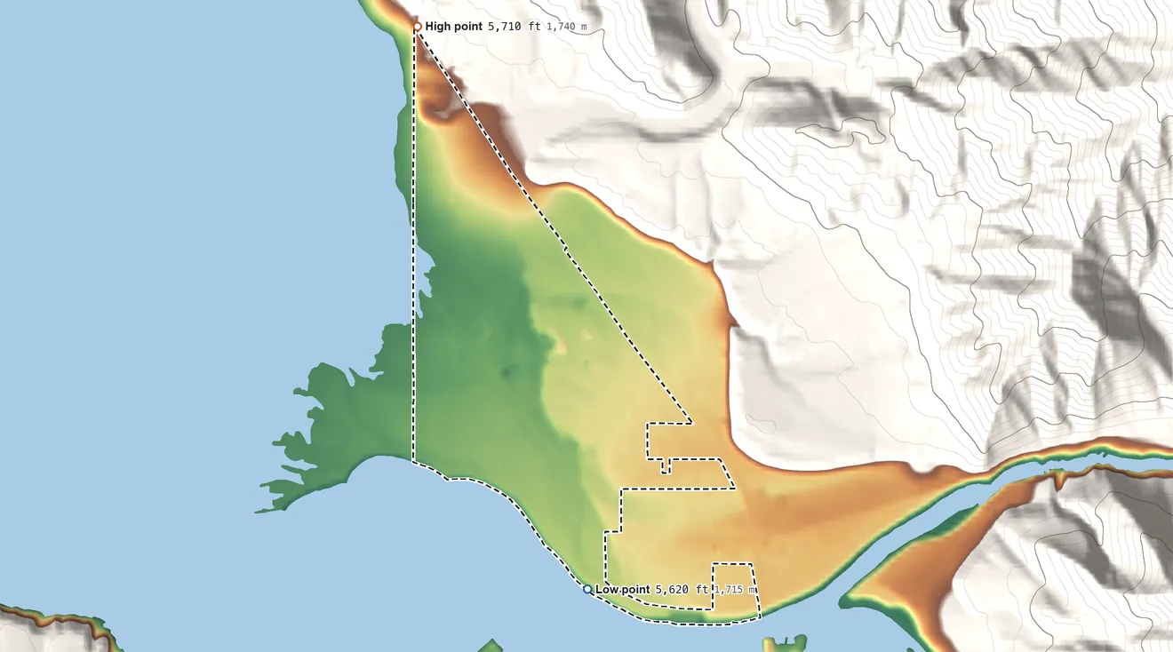 Topographic elevation map of Alpine Northwest, Wyoming, shaded from 5,620 ft on the south side to 5,710 ft at the foot of the Snake River Range