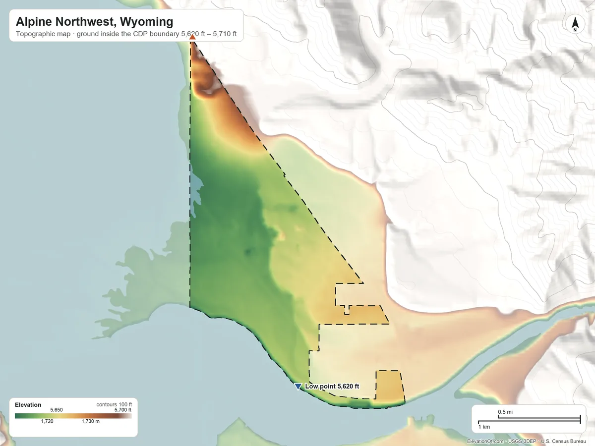 Topographic elevation map of Alpine Northwest, Wyoming, shaded from 5,620 ft on the south side to 5,710 ft at the foot of the Snake River Range