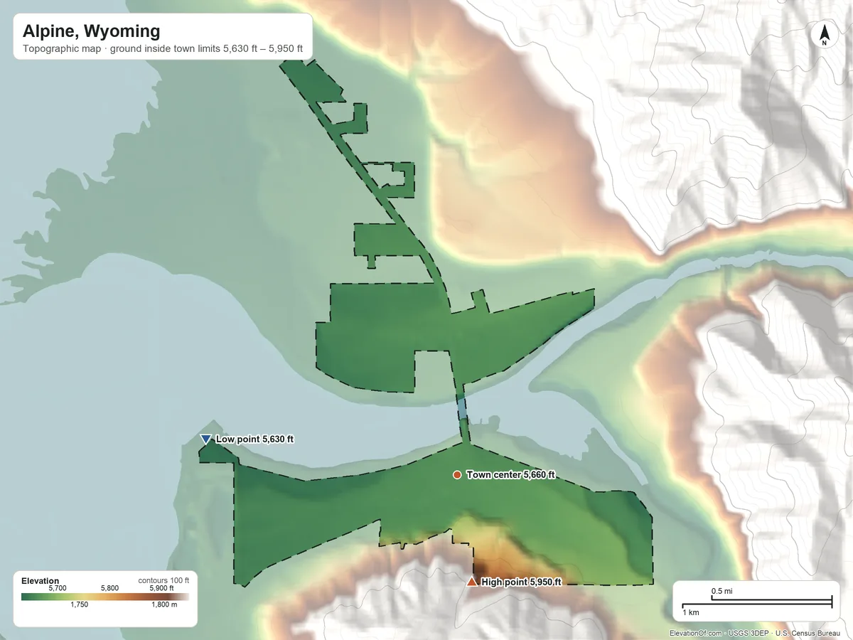Topographic elevation map of Alpine, Wyoming, shaded from 5,630 ft on the west side to 5,950 ft at the foot of the Snake River Range